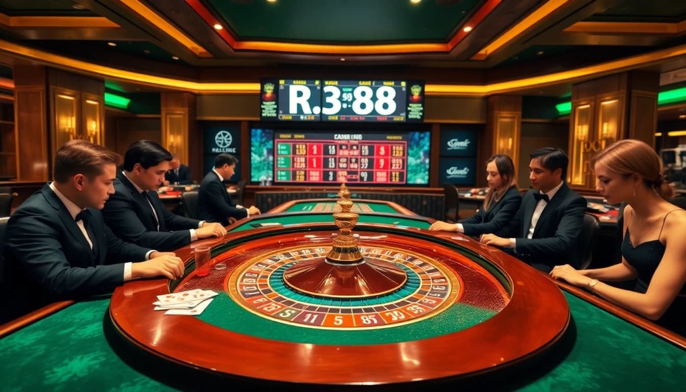 Engaging scene of RR88's luxurious roulette table with players betting in excitement