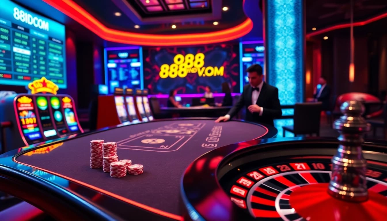 Experience excitement at 888VND COM with vibrant gaming tables and slot machines.