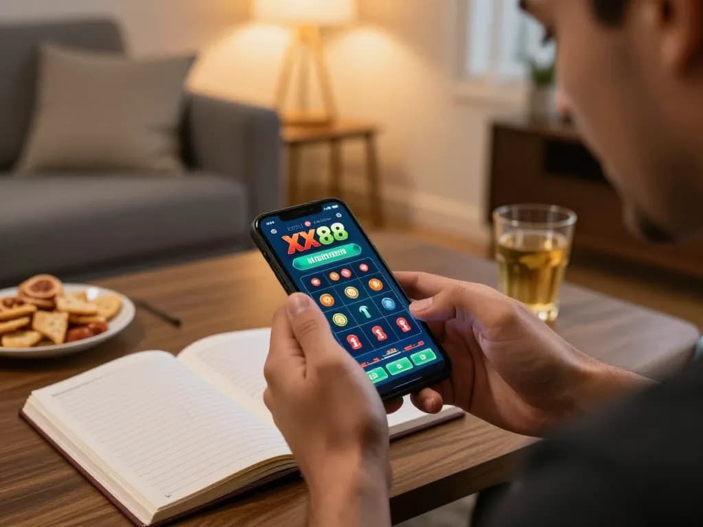Player engaging with the XX88 app for strategic online gambling in a cozy setting.