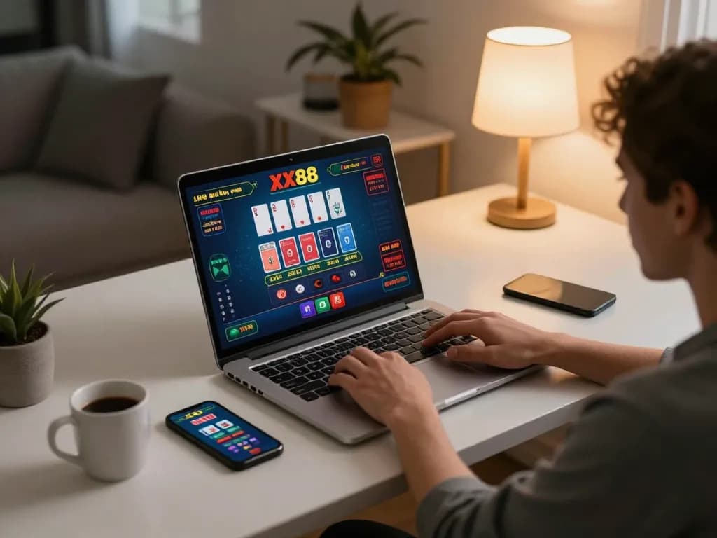 Player engaging in live dealer blackjack at XX88 online casino on laptop in a cozy home office
