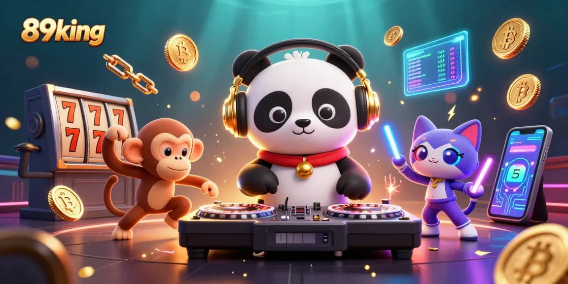 Join the excitement at 89king as a DJ panda spins while a monkey dances amidst vibrant casino elements.