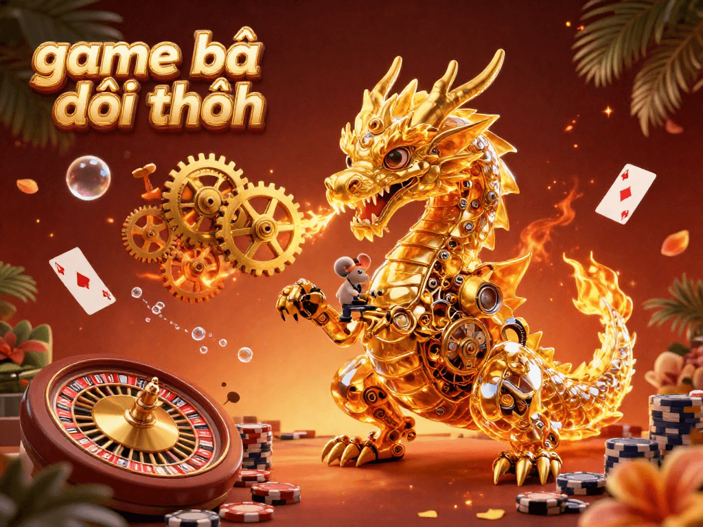 Engage with game bài đổi thưởng in this vibrant 3D illustration featuring a golden dragon and dynamic gambling elements.