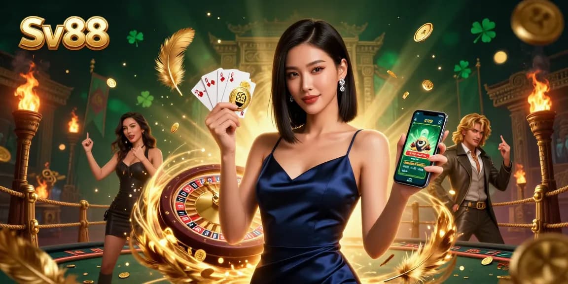 Engage with Sv88's dynamic casino experience, showcasing a confident woman with a golden chip and smartphone in a vibrant gambling scene.