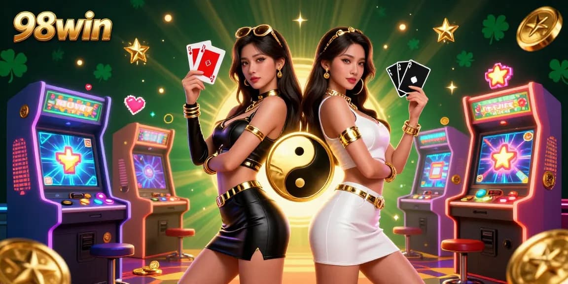 Experience thrilling gameplay with 98win as twin Asian women showcase their poker skills holding vibrant playing cards.