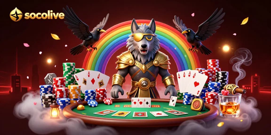 Socolive showcases an Odin wolf in armor on a casino chip rainbow bridge, enhancing online gaming excitement.
