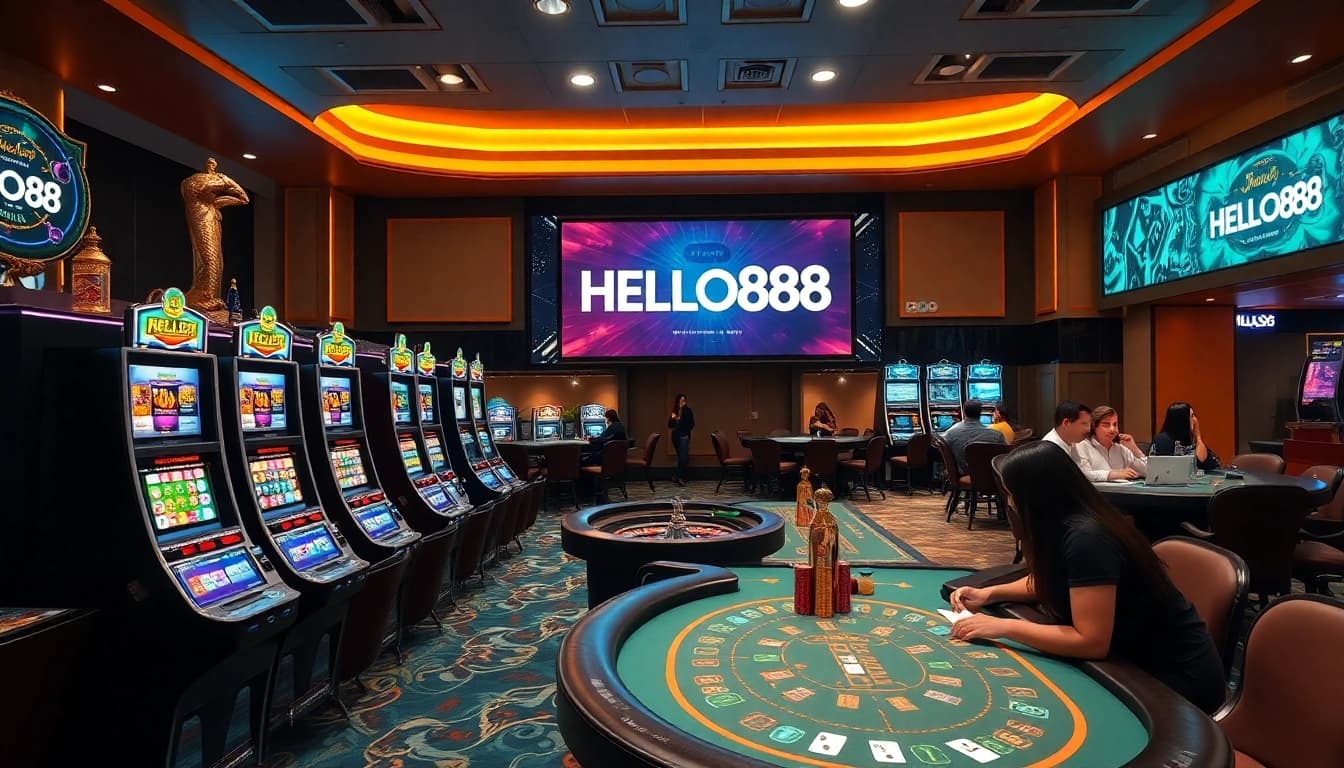 Experience thrilling gaming at HELLO88's luxurious casino tables with vibrant slot machines and friendly players.