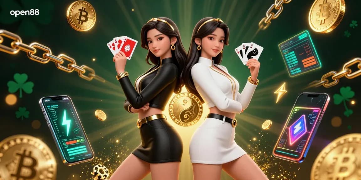 Engage with open88, where twin Asian women embody a powerful poker duo amidst digital casino elements and cryptocurrency.