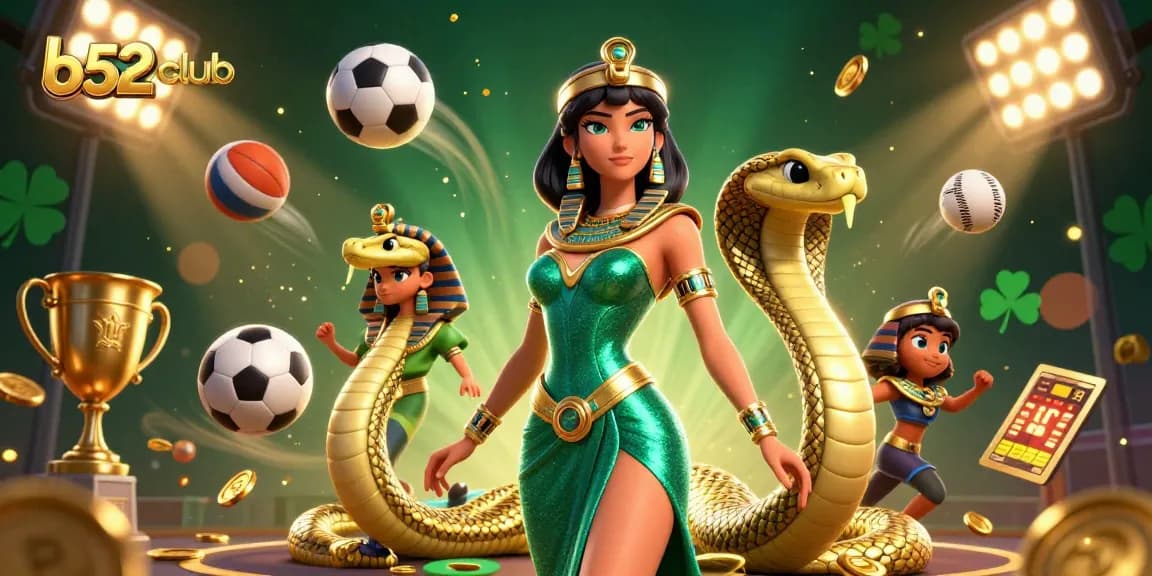 B52Club captivates with a stunning emerald gown character amid dynamic sports betting elements and golden treasures.