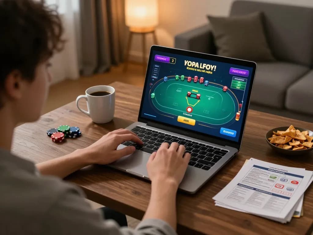 Playing poker on https://qtr88.com/ during a relaxed evening at home with a laptop and snacks.