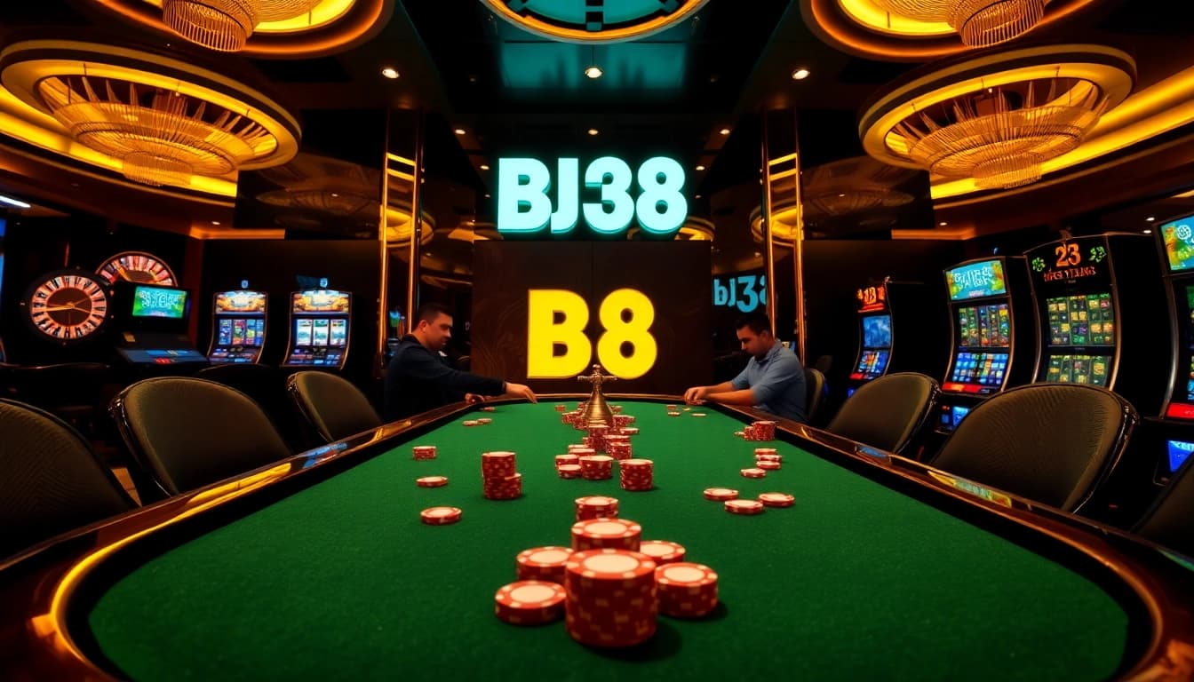 Experience the excitement of high-stakes play at BJ38 with poker chips and vibrant casino action.