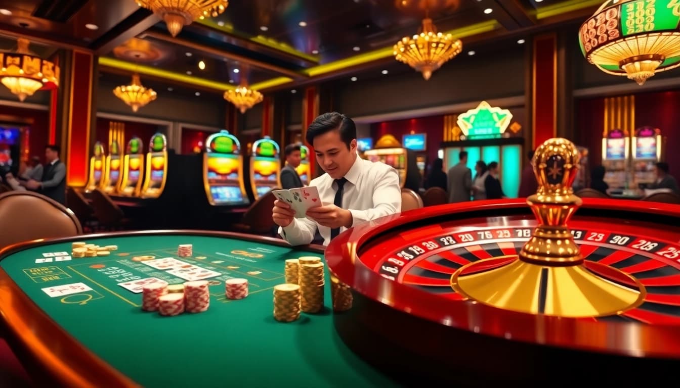 Experience action at https://dagaz.com.co/ with players engaging in high-stakes poker amid a vibrant casino backdrop.