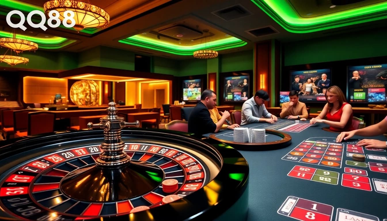 Experience the thrill of QQ88 gaming with vibrant casino visuals and engaging betting elements.