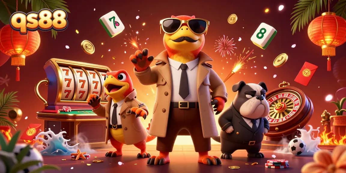 Experience excitement at QS88 with cartoon raptors entering a VIP casino lounge, surrounded by vibrant gaming elements.