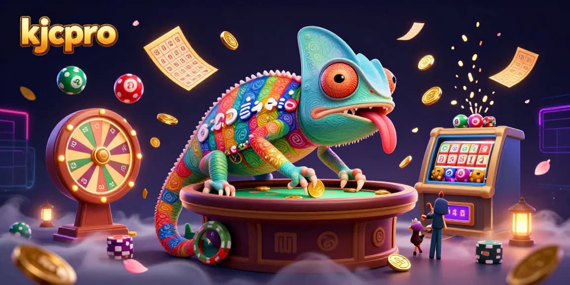 KJCPro embodies vibrant casino excitement with a colorful chameleon and dynamic lottery elements.