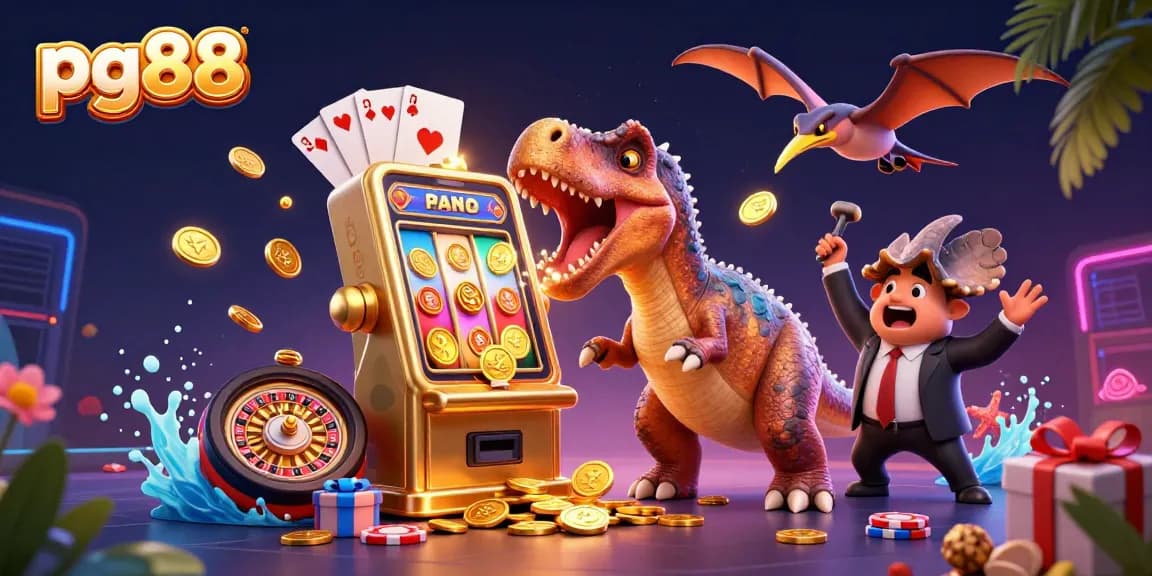 pg88 players headbutting a slot machine for jackpot coins in a vibrant casino scene