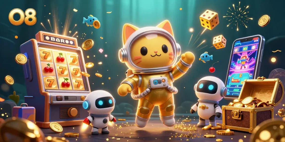 Win jackpots and enjoy thrilling games at O8 with vibrant 3D illustrations of online casino adventures.