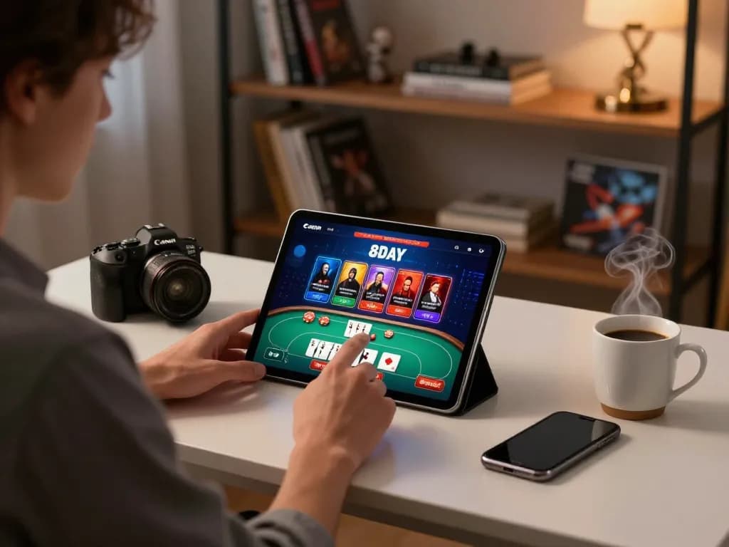 Engaging with the 8day casino app on a tablet in a cozy gaming setup, showcasing strategic poker moments.