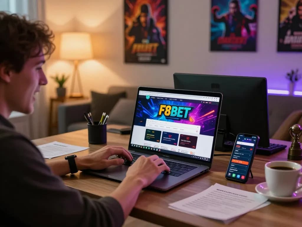 Engaging with F8BET online gaming platform on a laptop, set in a cozy, modern workspace