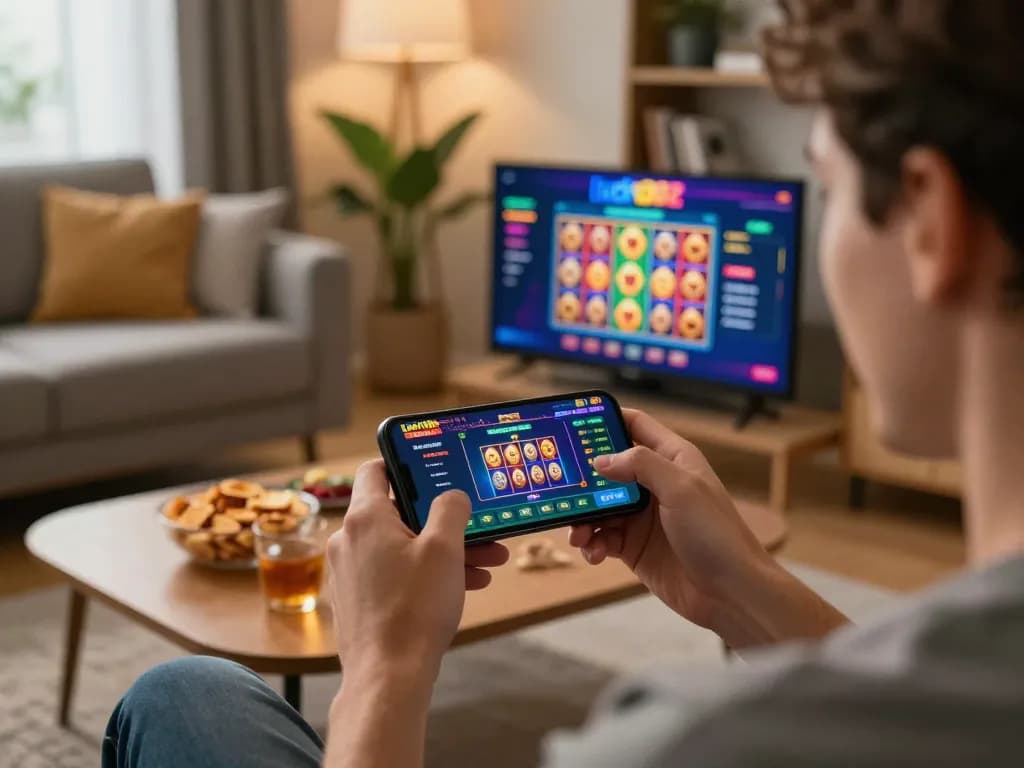 Enjoying lucky88z casino app on smartphone in cozy home setting with snacks and drinks.