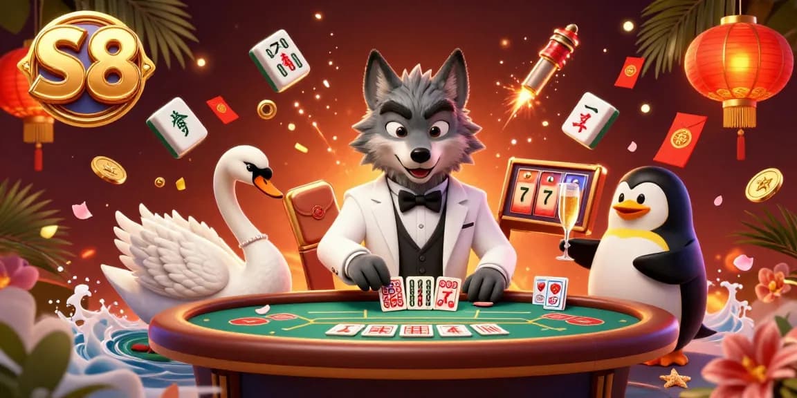 Engage in thrilling baccarat action with the S8 featuring a debonair wolf, elegant swan dealing cards, and more.
