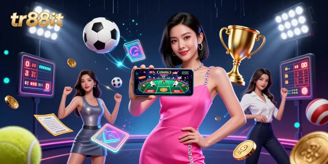 Step into the excitement of tr88it, featuring a vibrant Asian woman engaging in live dealer games amidst dynamic casino elements.