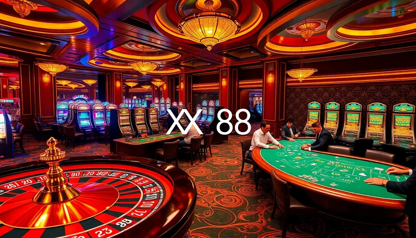 Exciting casino scene with players at XX 88 poker tables celebrating wins over roulette and slots.