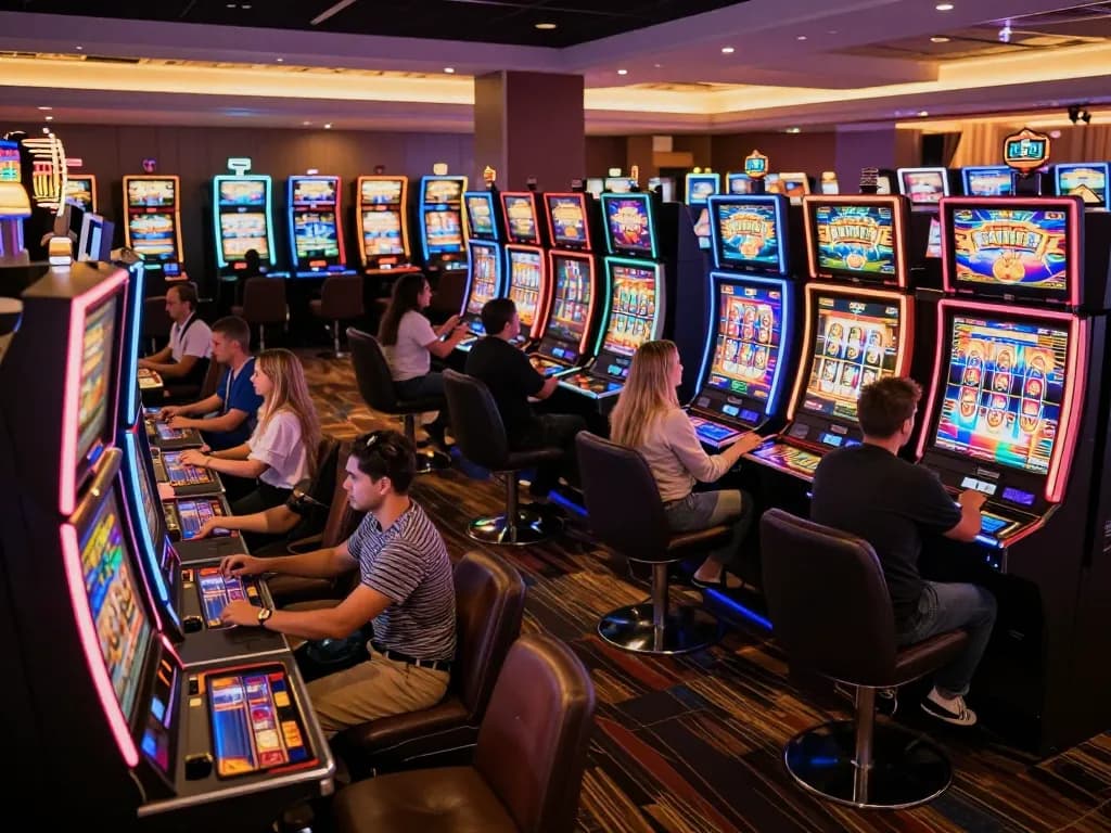 Players enjoying vibrant slot machines at 888bgo casino, capturing thrilling gaming moments.