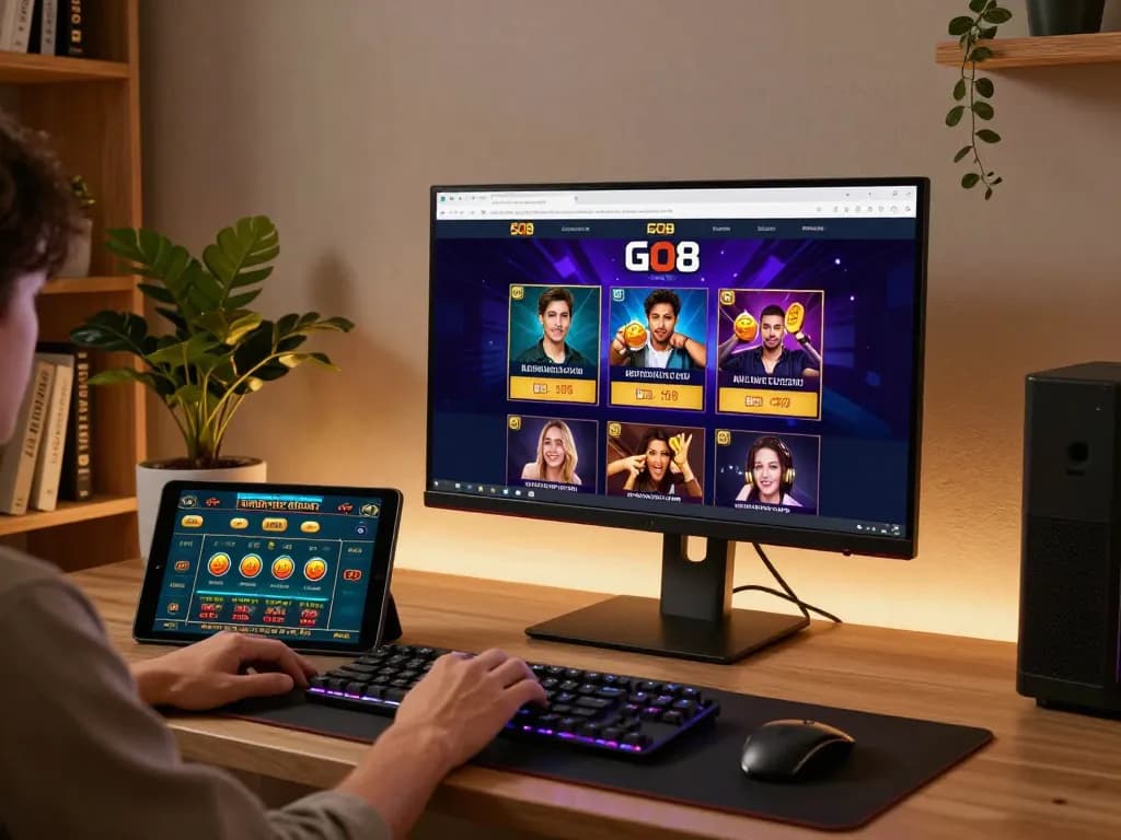 Engaging in online casino gaming at home with GO8 mobile app on tablet.