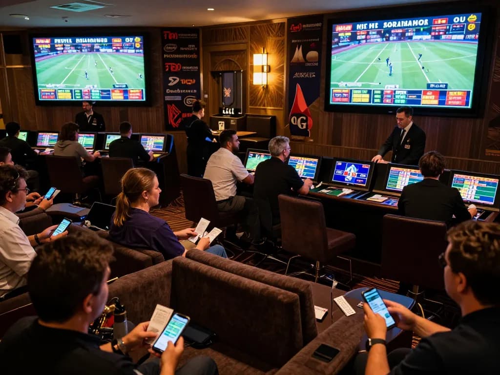 Top nhà cái uy tín showcases vibrant sports betting area where players enthusiastically place bets.