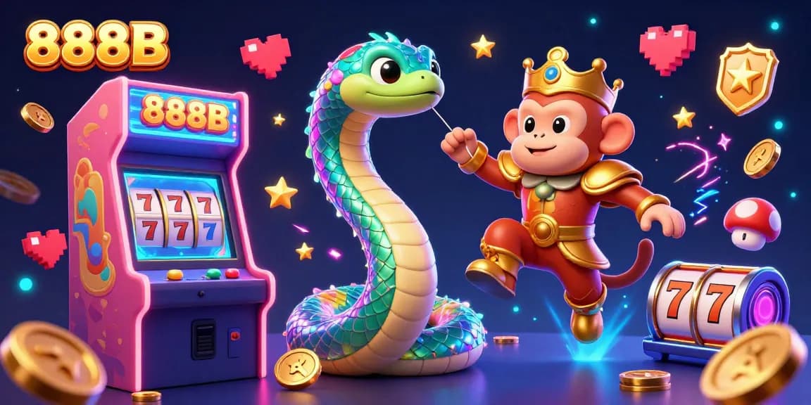 Experience the thrill of playing at 888B with a vibrant digital illustration featuring arcade machines and a playful monkey king.