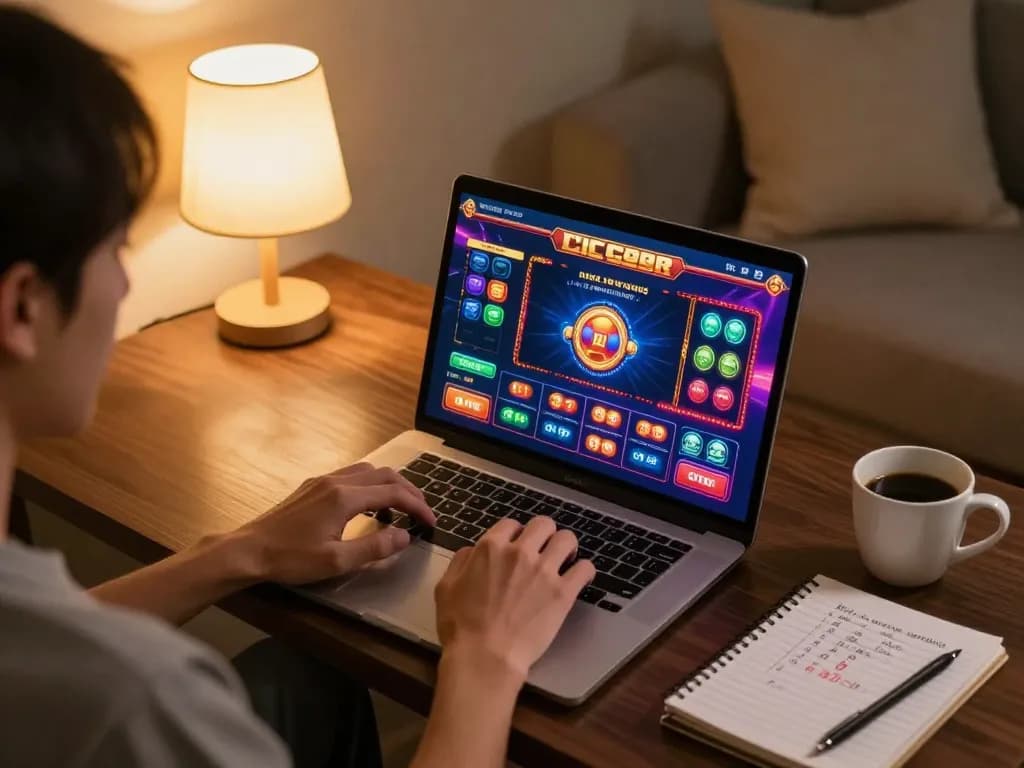 Engaging in online gaming at 789WIN with vibrant casino graphics and strategic notes