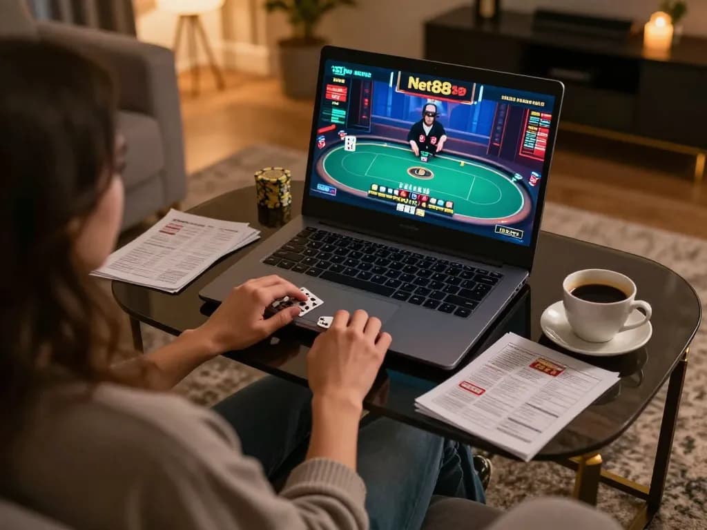Engaging with Net88 online poker, showcasing a stylish home gaming environment.