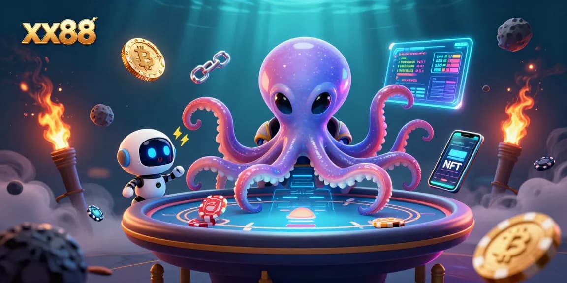 Play poker at xx88 with a 3D cartoon octopus, robot companion, and crypto coins.