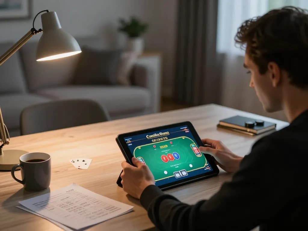 Player engaging in online poker at home, showcasing GK88 co environment and strategic gameplay