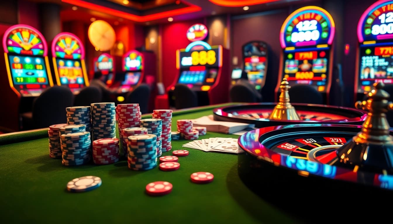Experience the excitement of az 888 with vibrant casino visuals showcasing poker chips and roulette.