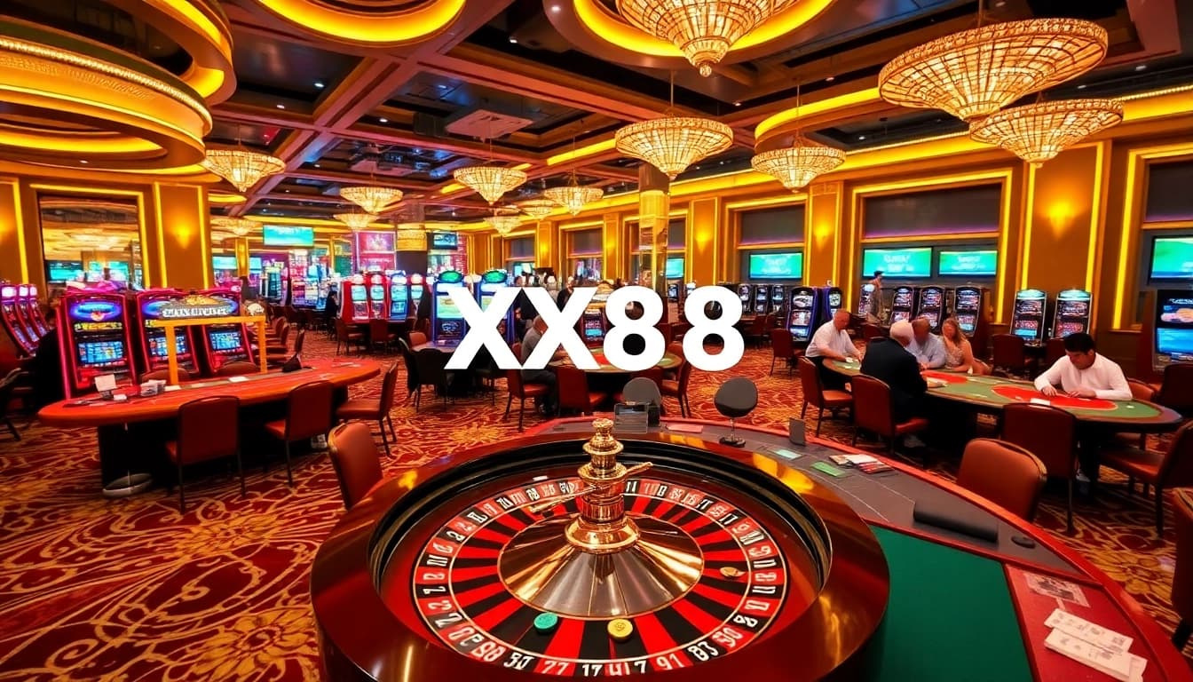 Experience high-stakes gaming at XX88 casino with vibrant tables, roulette, and excited players.