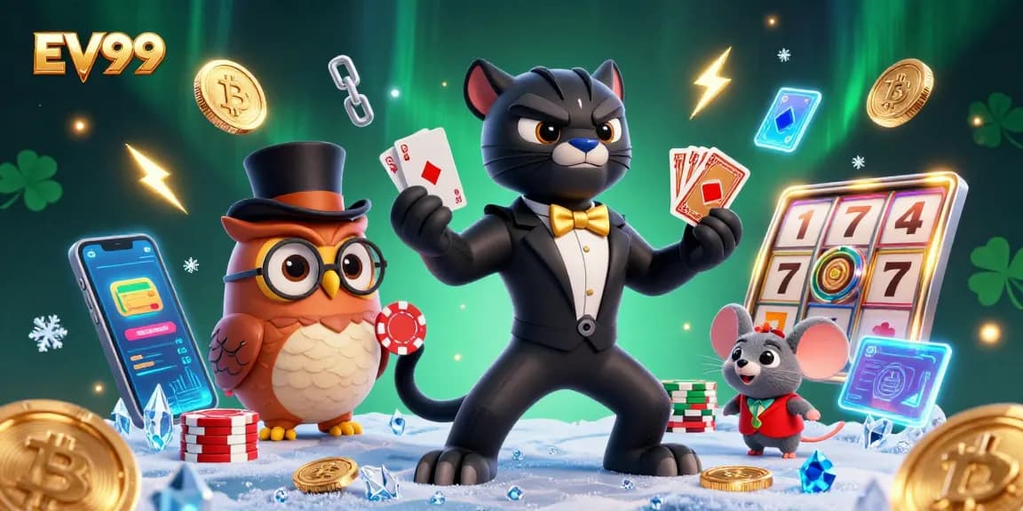 Engage with the EV99 casino experience in a vibrant 3D scene featuring colorful characters and dynamic gambling elements.