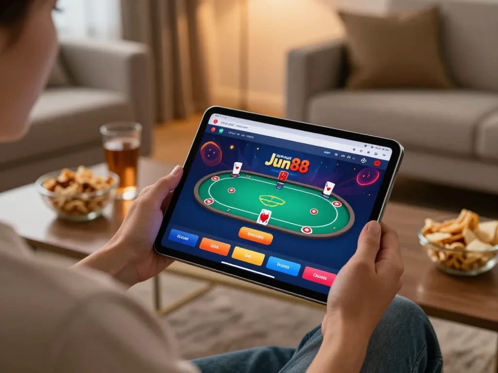 Player using a tablet for Jun88 online gaming, showcasing responsible gambling environment.