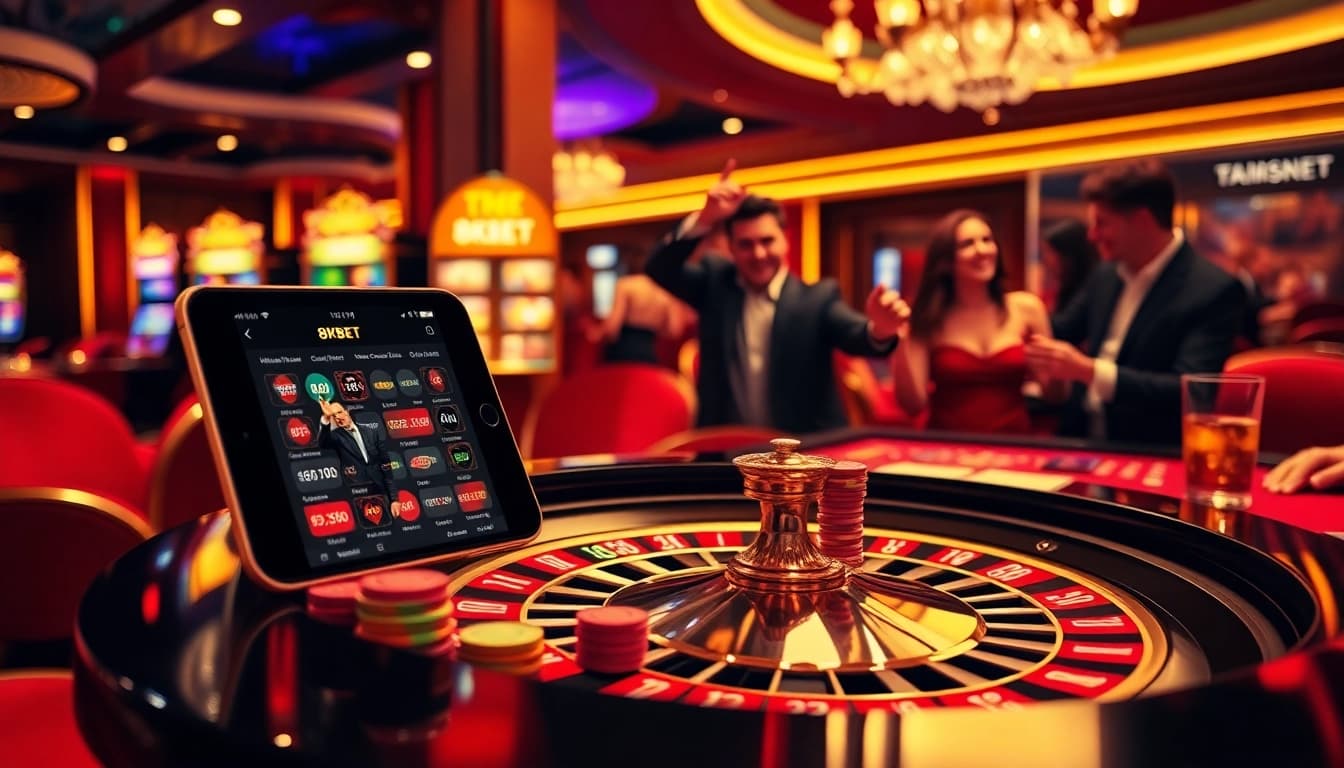 Tải app 8KBET on a luxurious mobile interface surrounded by casino excitement and engagement.