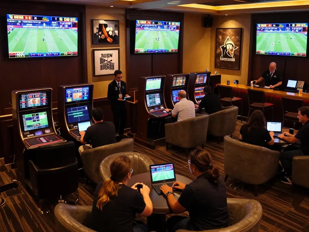 Engaging scene of sports fans placing bets using 78win01 platform in a lively, upscale betting lounge.