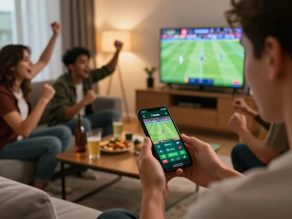 Betting on debet through a smartphone during an intense sports event, showcasing excitement and engagement.