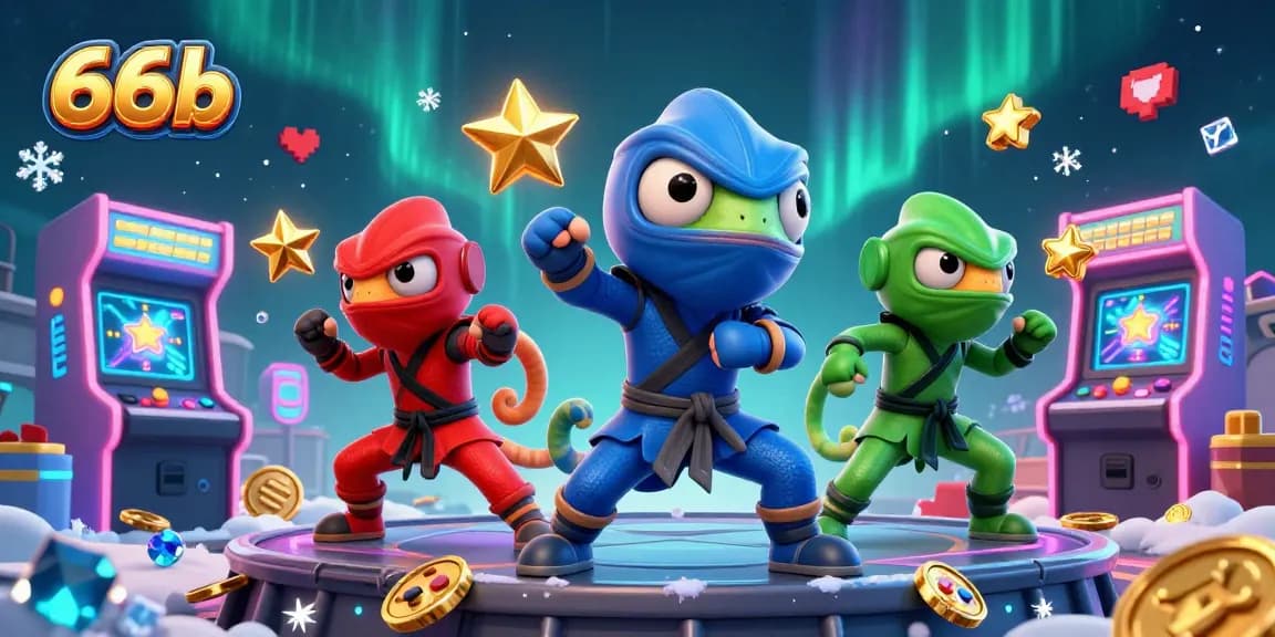 Engage in thrilling gameplay with 66b's ninja chameleon team amid casino elements and colorful arcade machines.
