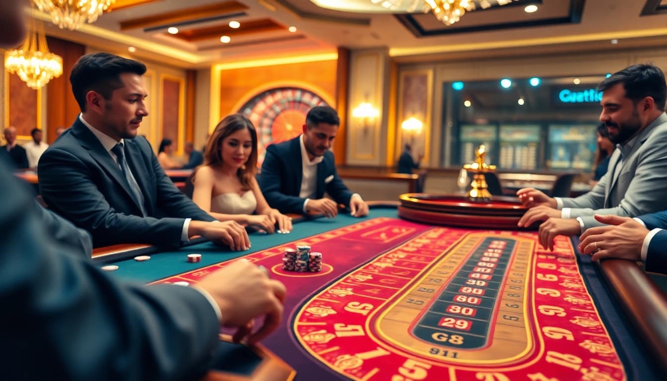 Players enjoying a thrilling game at the G28 casino table, surrounded by vibrant chips and excitement.