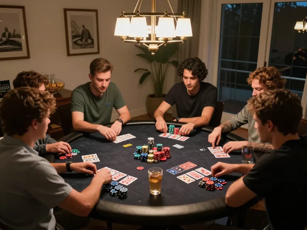 Engaged friends enjoying a poker night at home, with sunwintop enhancing their gaming experience.