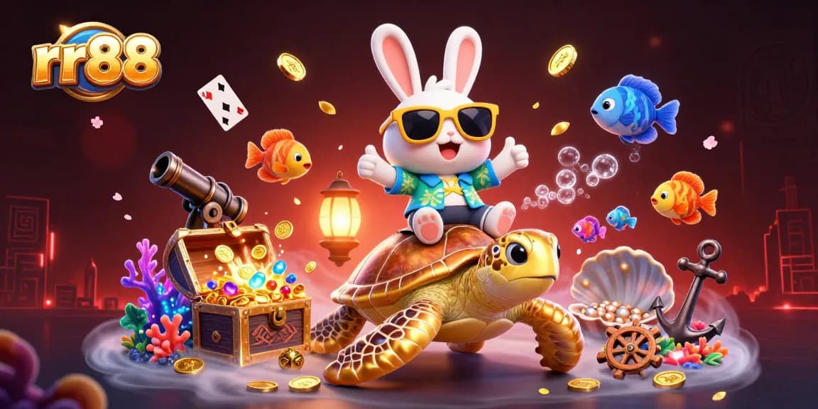 Experience winning thrills with rr88's vibrant 3D illustration of a lucky rabbit and sea turtle amidst gems and treasure
