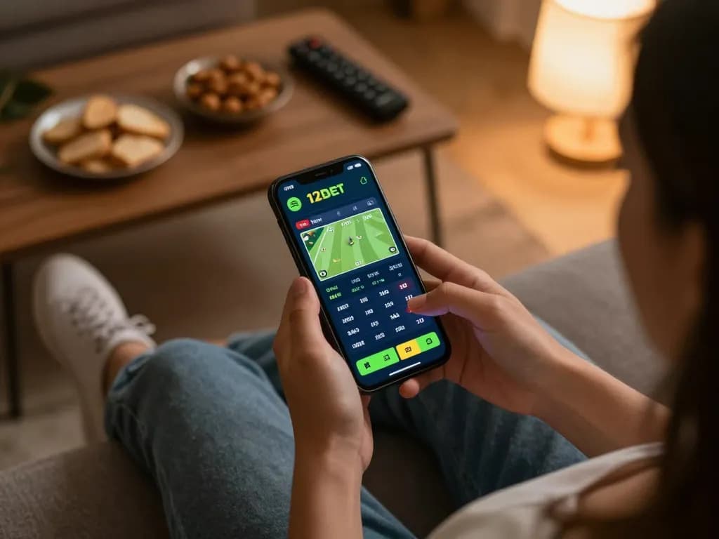 Betting on the 12bet app from home with warm lighting and engaging atmosphere.