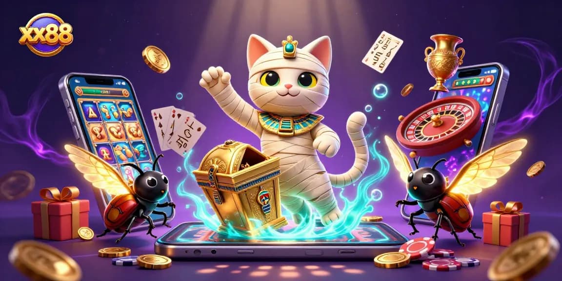 Experience thrilling entertainment at xx88 with a cartoon Egyptian mummy cat at a vibrant pyramid casino.