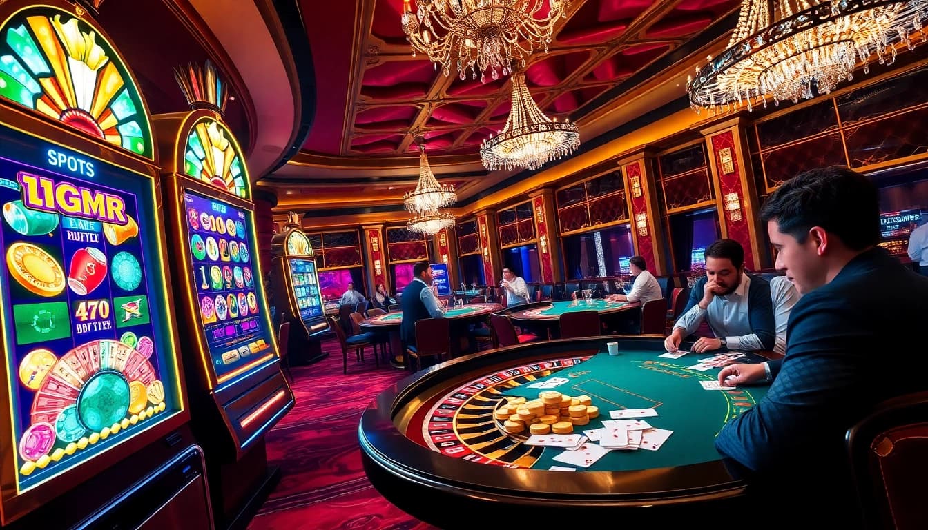 Players engaged in an exciting gambling session at https://nohuu.site/ with vibrant slot machines and poker chips.