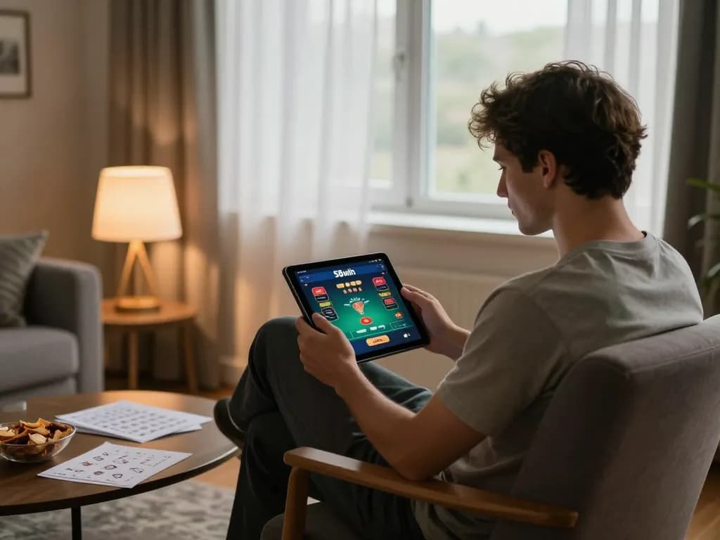 Engaging in online casino gaming on the 58wiin app in a cozy home setting.