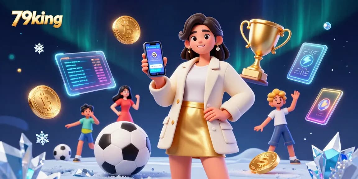 79king sports betting app showcased by a stylish Asian woman in a vibrant 3D casino setting.